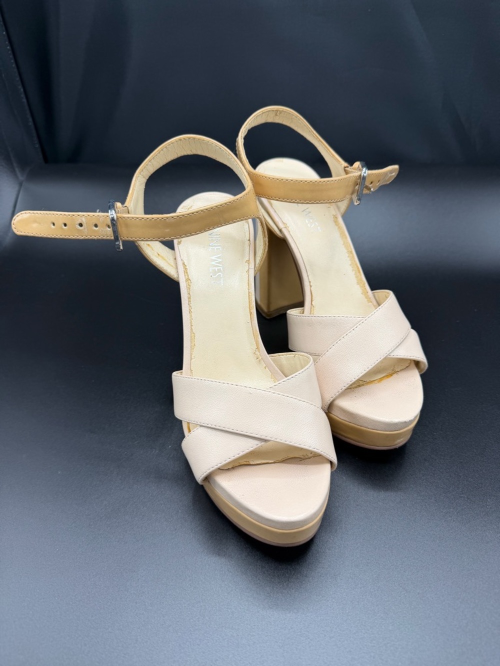 Nine West Neutral Beige and Buckskin Cross-Strap Platform Sandals